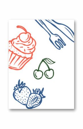 Dessert line art is showing cupcake, cherries, strawberry, utensils on transparent background