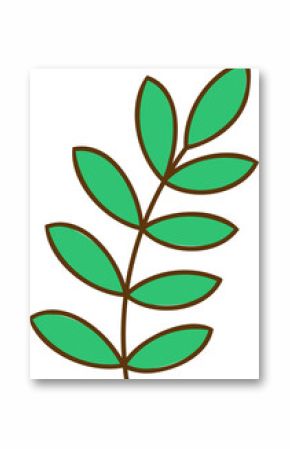 Showing flat design plant branch with paired green leaves on brown stem, transparent background