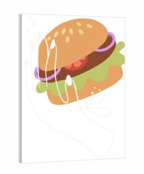 Cartoon-style illustration showing floating hamburger with beef, lettuce, swirls on clear backdrop