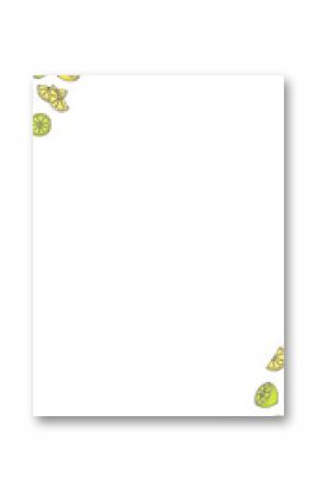 Hand-drawn lemons, limes and slices are forming corner border on transparent background, copy space