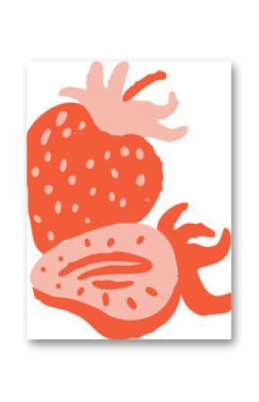 Three strawberries are featuring seed motifs in flat design on transparent background, one halved