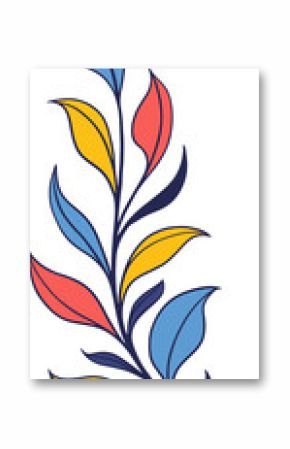 Flat vector is showing curvy navy branch with blue, yellow, coral leaves on transparent background
