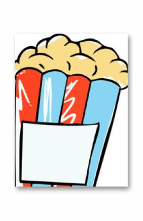 Flat vector striped red light-blue bucket showing overflowing kernels on transparent background