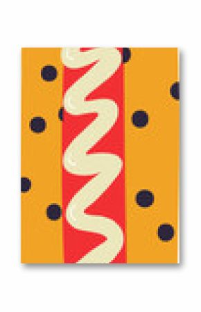 Hot dog is showing in flat design with sausage, mustard swirl on bun, transparent, copy space