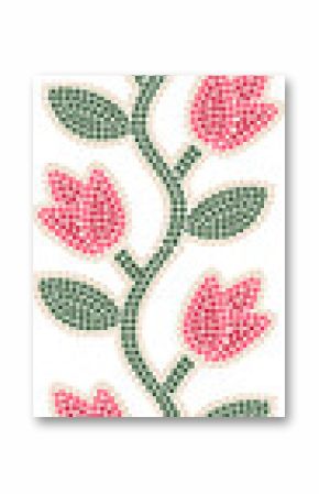 Vine is winding in dotted mosaic style with pink tulips and green leaves on transparent background