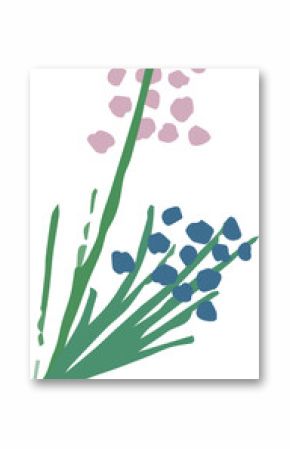 Minimalist vector showing pink petals and blue blossoms on green stems, transparent background