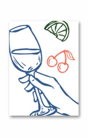 Line art is showing hand holding wine glass, floating cherry, citrus wedge, transparent background
