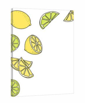 Cartoon style lemon and lime slices are scattering on transparent backdrop, copy space