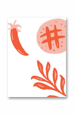Flat design showing coral chili pepper, crosshatch circle, leaf branch on transparent background