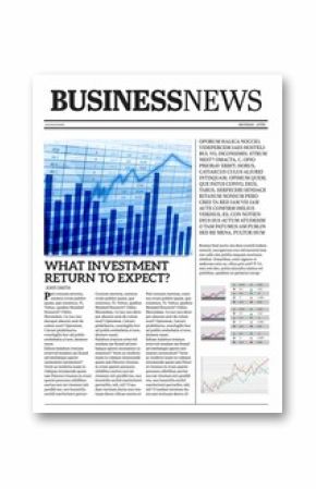 business newspaper front page layout showcasing flat design, serif masthead, bar chart, line graph