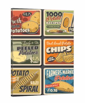 Potato meals and vegetable farm harvest banners. Ripe and peeled potatoes, chips spiral and street food meal menu vector. Farmer market product, fast food dishes retro posters with vintage typography