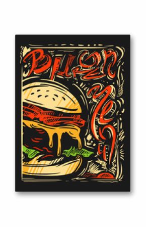 Burger menu. Fast food poster card. Retro vintage vector illustration with letters. Black background