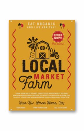 Local Farm Market flyer A4 format. Farm Fresh organic products poster graphic design with tractor, mill and barn. Stock retro card