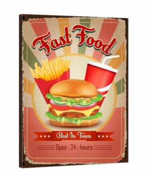 Burger, french fries vintage restaurant sign. Fast food vintage poster. Retro design with big hamburger on old metal background red and turquoise colors. Wall decoration printing media. Vector EPS10.