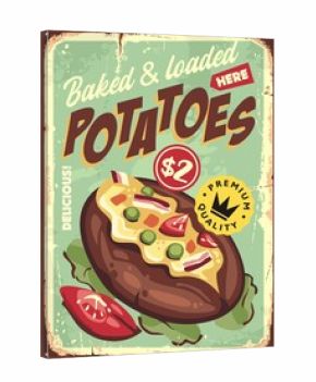 Baked and loaded potatoes vintage menu board sign design. Food retro poster. Vector restaurant sign with potato.