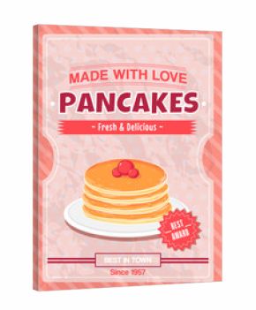 Vintage poster for breakfast with delicious stack of pancakes on pink background for print in retro style, design template for cafe