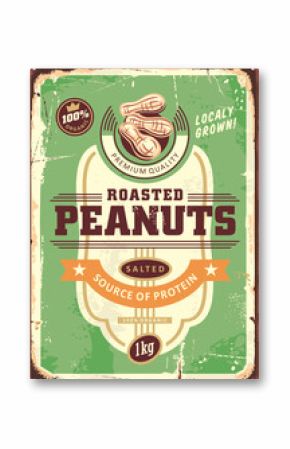 Roasted peanuts retro advertising sign label design template on old scratched background. Vintage food poster layout for salted peanut snacks. Vector illustration for grocery product.