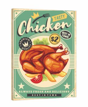 Grilled chicken meat with french fries and tomato salad promo poster design. Food vector illustration with whole roasted chicken or turkey. Retro restaurant menu advertisement.