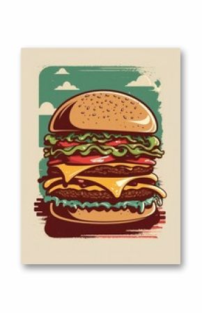 Vintage retro poster from 50s, 60s. Fast food, burger, cheeseburger delivery. Grunge poster.