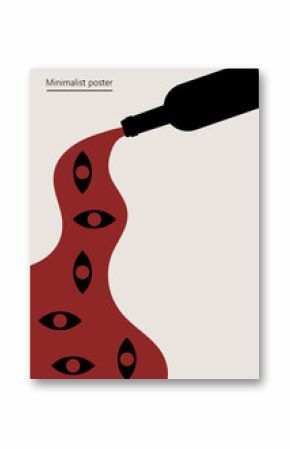 Vector illustration with a bottle of wine. Artwork, minimalist poster design in red and black colors. Abstract wall art.