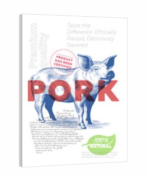 Pork shop advertising poster with vintage pig sketch. Butcher market retro print. Butchery label creative typography template. Natural farm product placard engraving swine hand drawn artwork. Vector