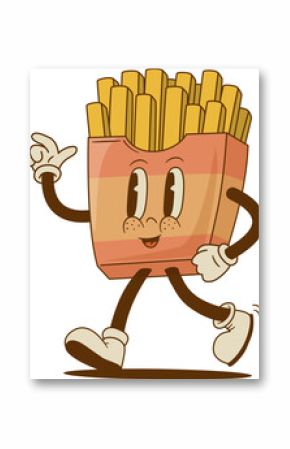 Retro cartoon funny french fries characters. Vintage street food mascot vector illustration. Nostalgia 60s, 70s, 80s