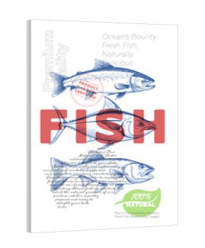 Fresh seafood shop advertising poster with vintage fish sketch. Fishy market retro print. Sea food label creative typography template. Natural marine product placard engraving hand drawing eps artwork