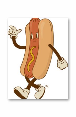 Cartoon hot dog character in retro 70s style. Street food vector illustration. Vintage bratwurst mascot poster. Nostalgia 60s, 1970s, 80s