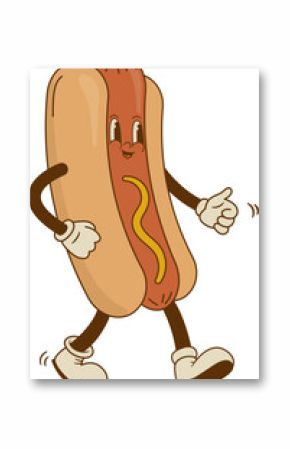 Cartoon hot dog character in retro groovy 70s style. Fast food vector illustration. Vintage bratwurst mascot. Nostalgia 60s, 80s