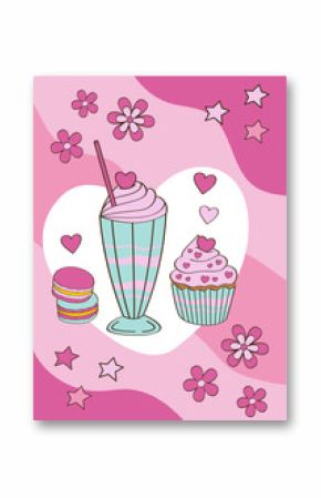 cute pink poster with  milkshake, cupcake, Macarons