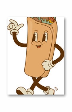 retro cartoon funny doner kebab, pita characters. Vintage taco, burritos, gyros mascot vector illustration. Nostalgia 60, 70s, 80s