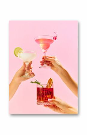 Poster. Variations of alcohol drinks. Capturing hands with funky cocktail glasses, each hosting a uniquely colorful drink, set against colorful studio background.