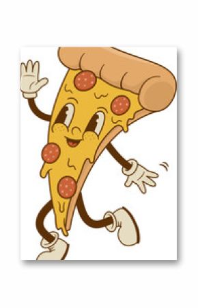 Retro cartoon pizza character in groove style. Pizzeria mascot for cafe, restaurant. Vector illustration. Nostalgia 60s, 70s, 80s