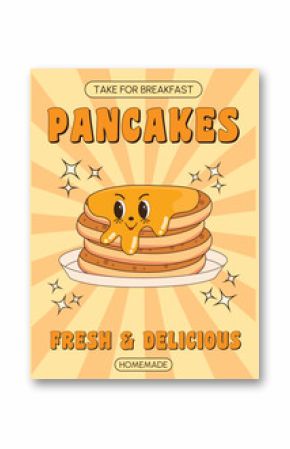 Groovy retro poster. Fast food, breakfast. Pancakes illustration. Vintage banner, 70s, 80s, 90s vibes. Trendy retro psychedelic style. Y2k aesthetic.