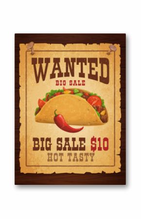 Western wanted poster with Mexican burrito for Tex Mex cuisine menu, vector background. Mexican fast food or restaurant menu or ad poster with burrito wrap and spicy chili pepper on western poster