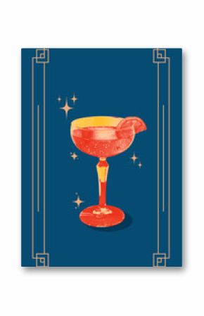 Poster. Contemporary art collage. Creative retro artwork. cocktail in coupe glass, slice of grapefruit on rim of it. Light orange color filter. Concept of restaurant menu, alcohol drink, vintage.