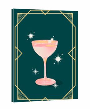 Poster. Contemporary art collage. Creative retro artwork. Golden frame frames sweet cocktail in retro color filter against green color background. Concept of restaurant menu, party, alcohol, vintage.