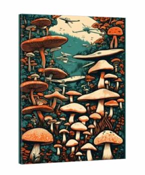 a vintage retro psychedelic concert gig band music poster featuring mushrooms and airplanes