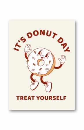 Retro cartoon donut character vector illustration. Vintage National Donuts day poster. Funny bakery mascot. 