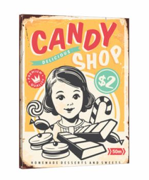 Vintage candy shop sign with cute little girl graphic and various candies and sweets. Retro poster design. Candy food vector illustration.