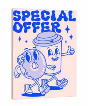 Retro style Funny cartoon donut and coffee cup poster. Special offer flyer, Groovy vintage 70s coffee and donut characters walking arm in arm.