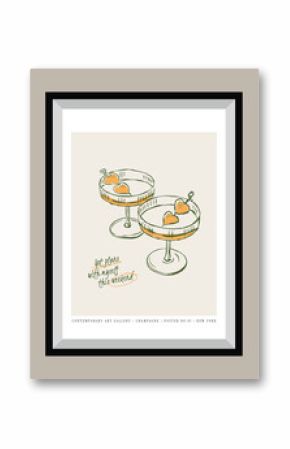 Minimal hand drawn vector cocktail illustration with aesthetic quote in a poster frame. Matisse style illustrations. 