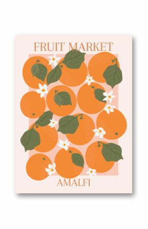 Fruit market Amalfi - retro citrus fruits poster. Trendy wall art design with oranges groovy fruits vector illustration.