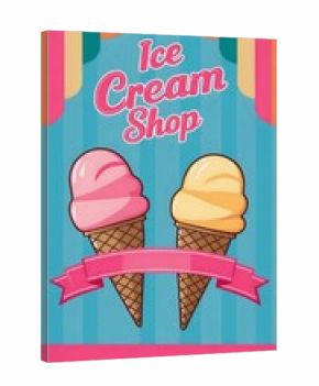 Cute vintage ice cream shop poster with two ice cream in wafer cones with pink ribbon banner, colorful parlor with striped awnings, fast food menu, blue vertical lines backdrop, pink border, flyer