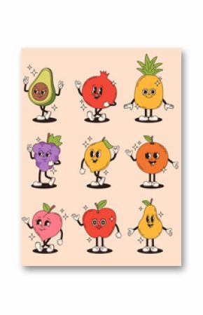 Set of retro groovy fruit characters. Pomegranate, grapes, pear, orange, apple, lemon, avocado, peach, pineapple. Vector flat illustration.