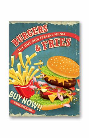 Vintage Burgers with fries set poster design