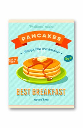Best breakfast - vintage restaurant sign. Retro styled poster with pile of best in town pancakes with butter and maple syrup. Vector illustration, eps10.