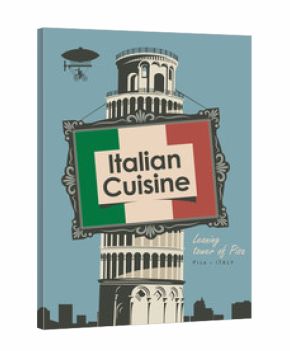 vector banner for a restaurant Italian cuisine with italian flag and leaning tower of pisa