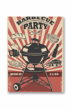 Barbecue party flyer template. Grill, fire, grilled meat, beer, butcher tools. Design elements for poster, restaurant menu. Vector illustration
