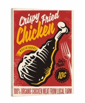 Crispy fried chicken retro poster design with delicious chicken leg on old paper background. Food and restaurants advertise.